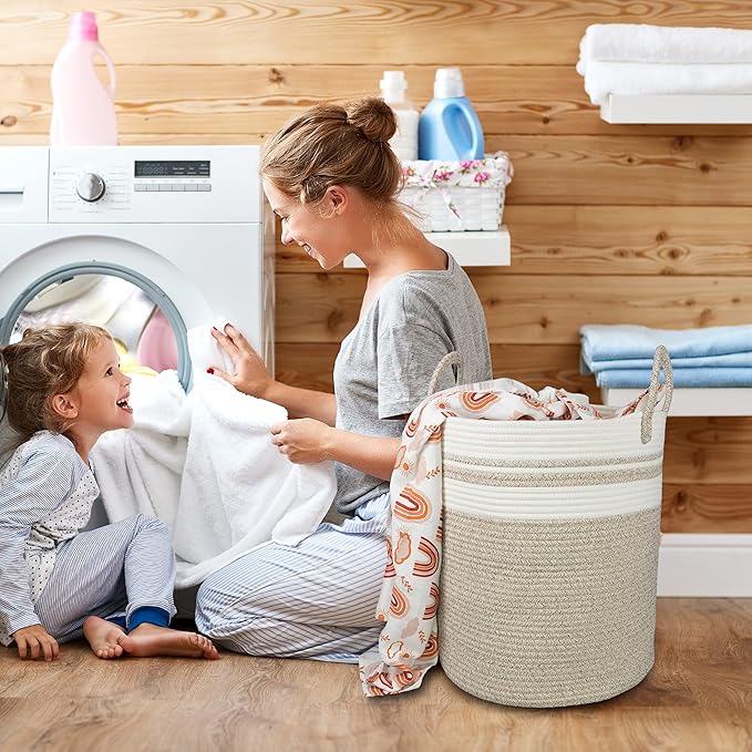XUANGUO Cotton Rope Laundry Basket Hamper for Clothes Woven Storage Basket for Living Room Bedroom Boho Tall Rope Baskets for Blanket Toys Pillow Towels Baby Nursery Hamper Bin Large brown and white