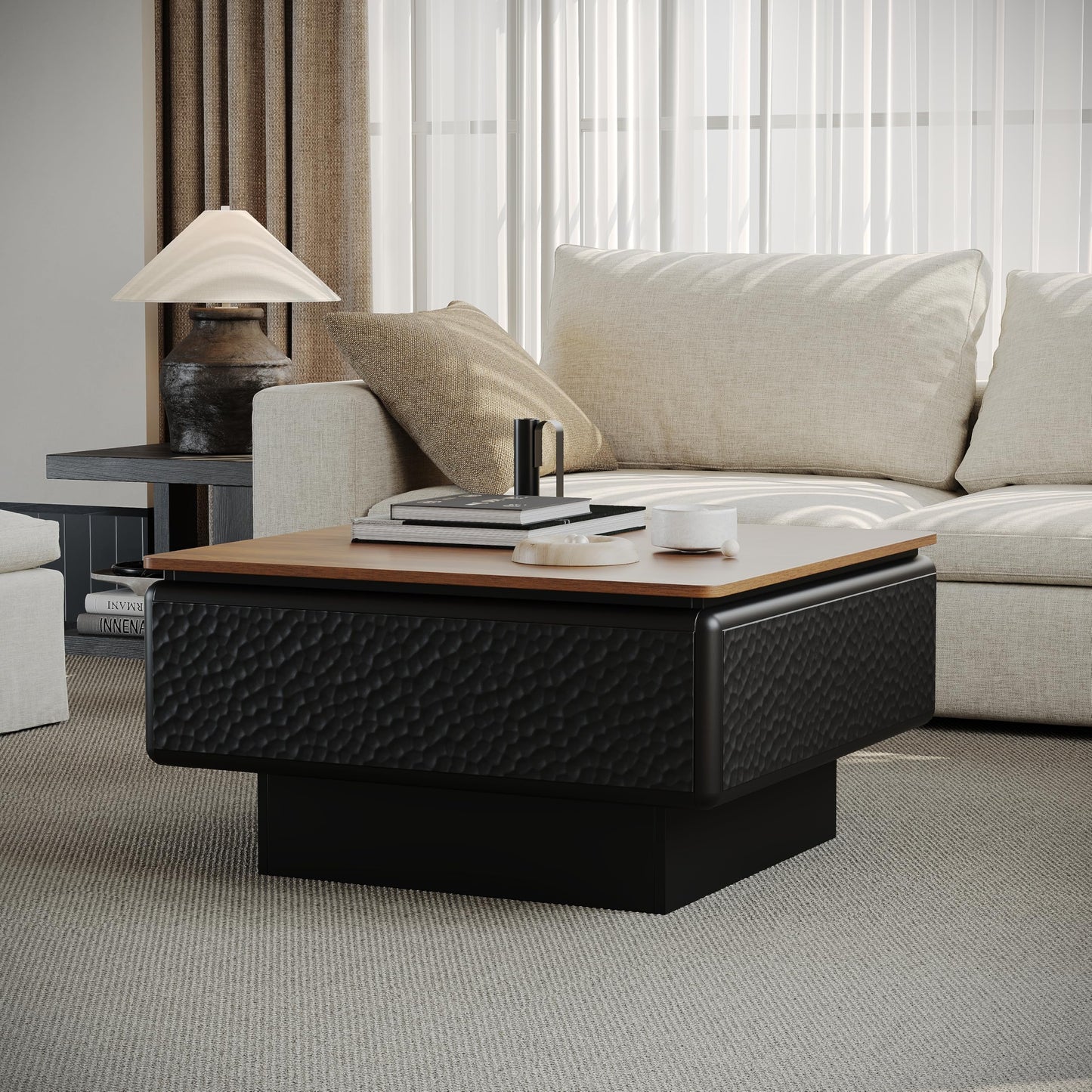 KEIKI 31" Lift-Top Coffee Table with Hidden Storage, Adjustable Height Square Coffee Table, Modern Wood Farmhouse Coffee Table for Living Room, Space-Saving, Black