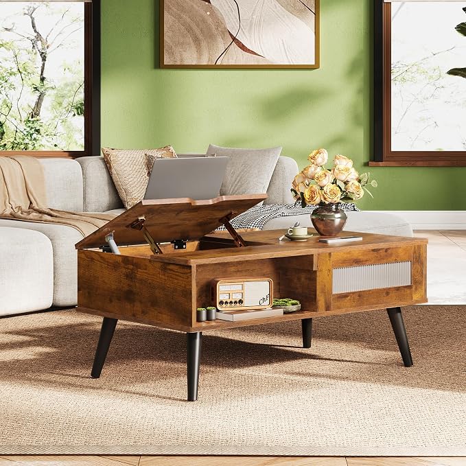 WLIVE Coffee Table, Lift Top Coffee Table with Storage Shelf, Drawer, Height Adjustable and Tilting Tabletop for Living Room, Mid Century Modern, Wood, Rustic Brown