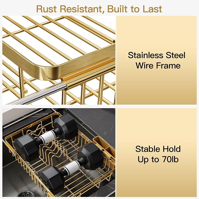 JASIWAY Gold Expandable Stainless Steel Dish Drying Rack Over The Sink for Small Kitchen, Counter Space Saving Compact Plate Drainer Strainer, Adjustable Hanging Metal Dish Dryer with Utensil Holder