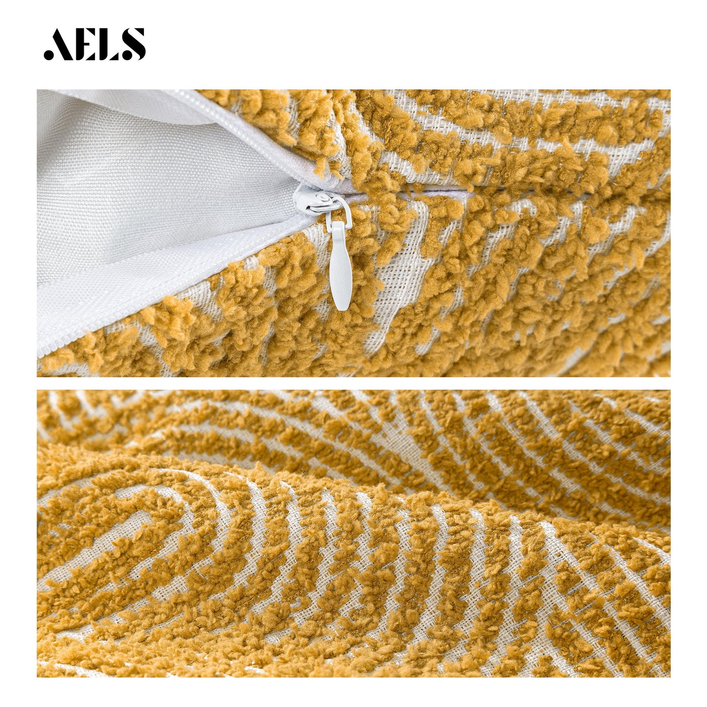 AELS Boho Decorative Textured Throw Pillow Covers 18x18, Organic Modern Mid Century Rainbow Tufted Pillow Case, Farmhouse Rustic Geometric Woven Cushion Case for Bed Couch Sofa, Mustard Yellow