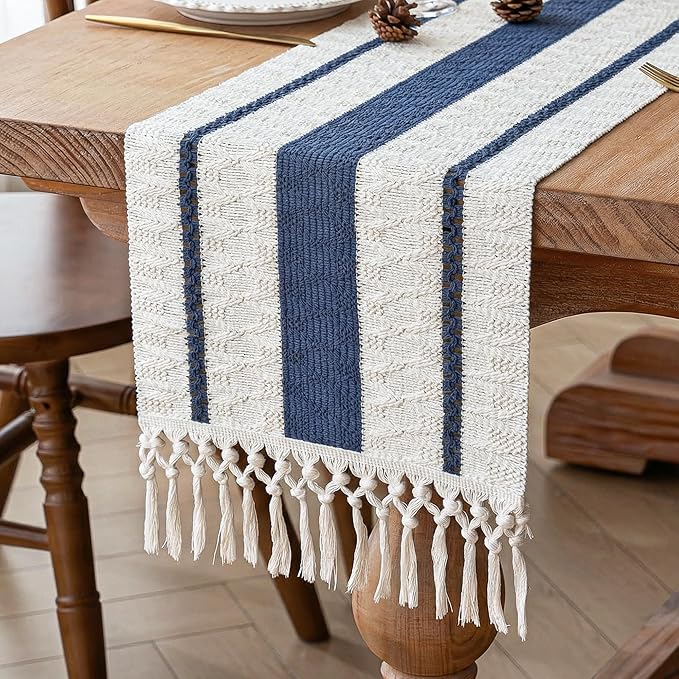 FEXIA Boho Table Runner with Tassels for Summer Home Decor Farmhouse Rustic Burlap Table Decoration for Living Room Dining Room Graduation Decor (12x72 Inches)