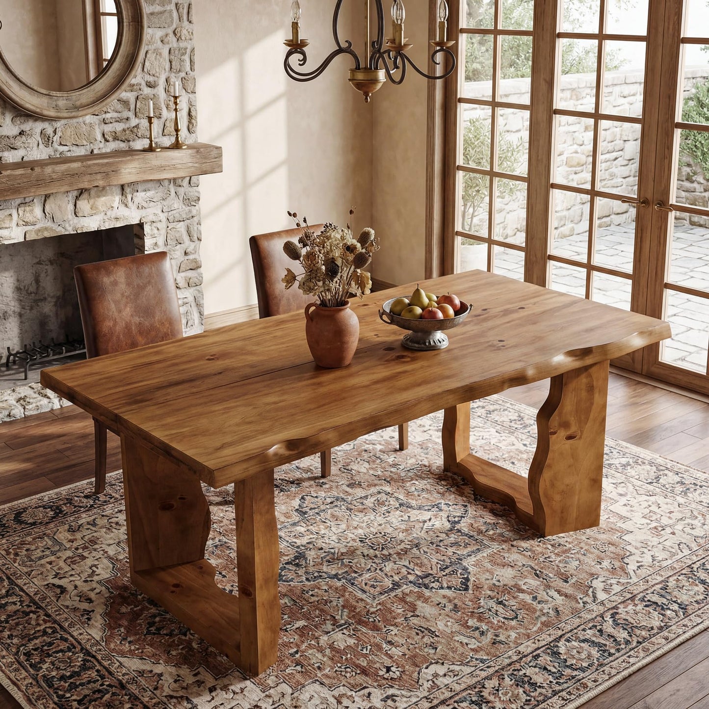 TRIBEWOOD 63" Live Edge Solid Wood Dining Table, Modern Rustic Kitchen Table with Sculptural Legs, 6-Person Rectangular Dinner Table for Dining Room, Kitchen,Natural Walnut Finish