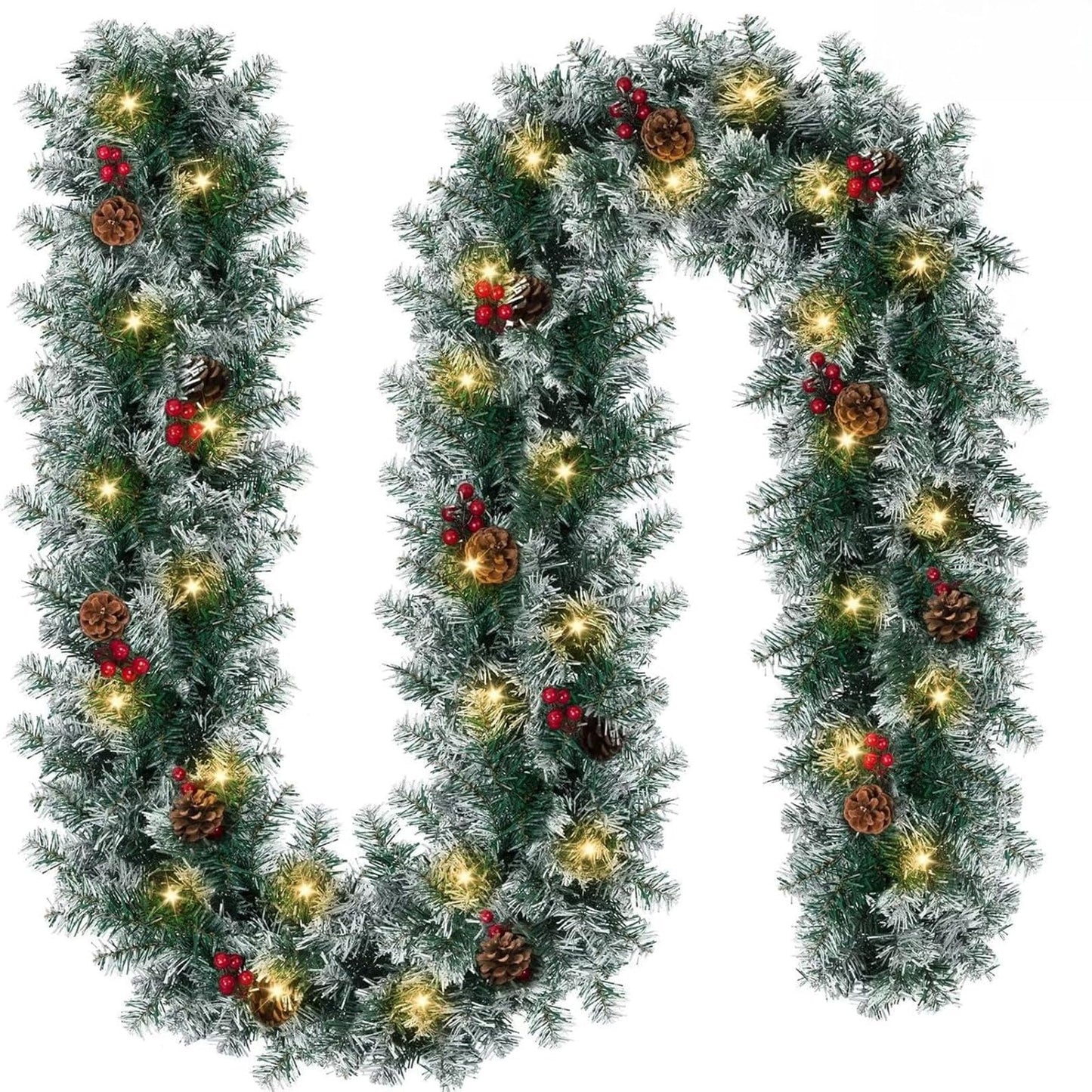 Christmas Garland with Lights - 9FT Pre-Lit Flocked Garland with 50 LED Bulbs, Red Berries, Pine Cones, Artificial Pine Battery Operated Garland for Fireplace, Staircase, Indoor & Outdoor Decoration