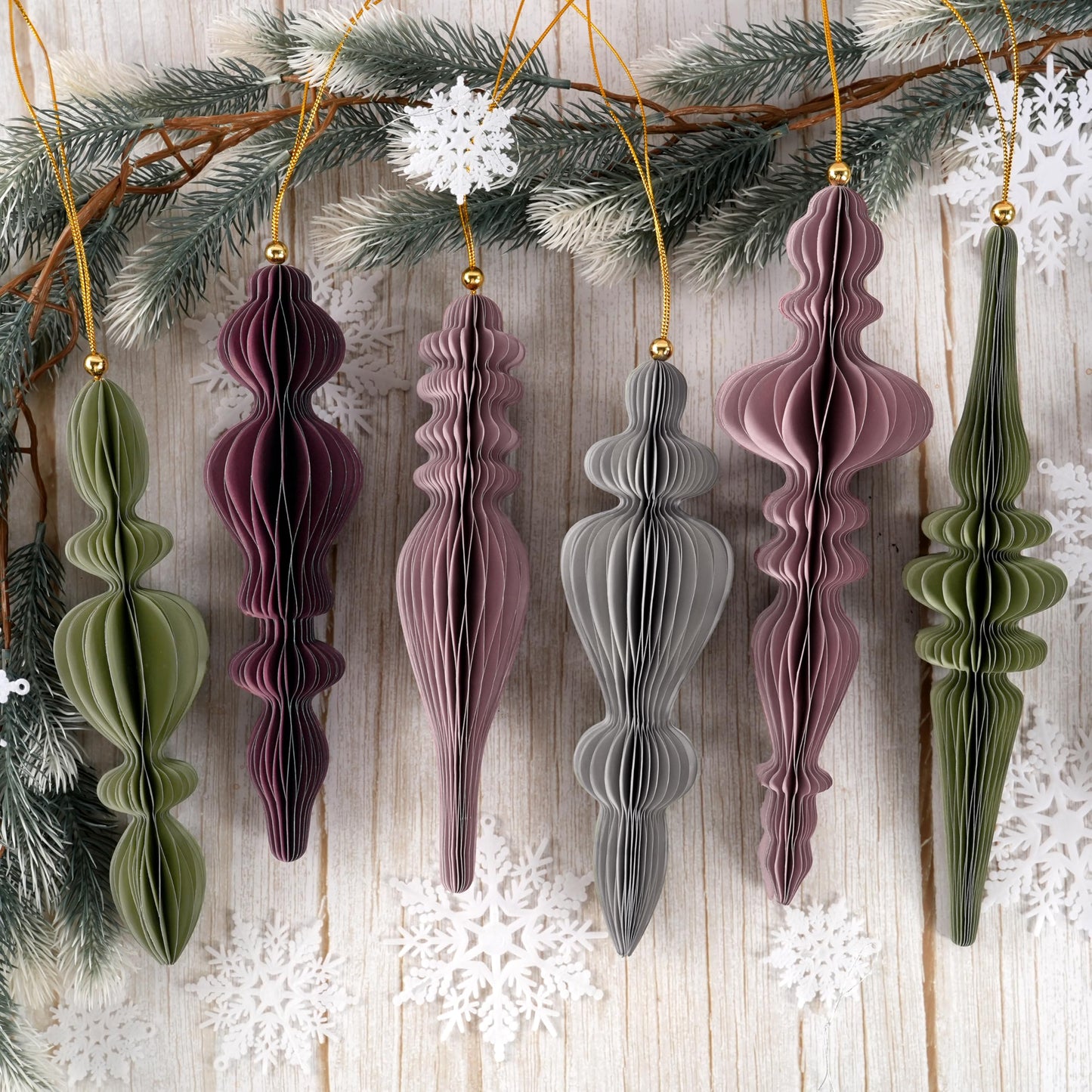 6Pcs Christmas Honeycomb Ornaments for Tree, 3D Paper Honeycomb Hanging Decorations Neutral Finial Christmas Ornaments Lanterns for Xmas Tree New Year Holiday Party Home Decor, Green Pink Gray