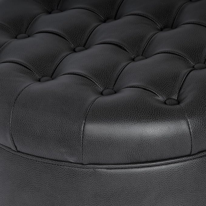 Homepop Home Decor | Button Tufted Faux Leather Round Storage Ottoman | Ottoman with Storage for Living Room & Bedroom (Black Faux Leather)