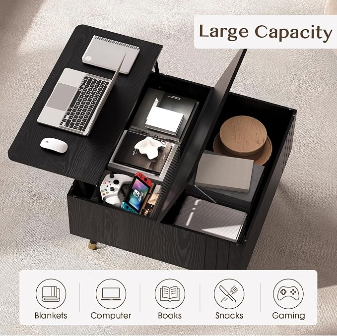 JOINICE 32" Square Lift Top Coffee Table with Storage, Modern Black Center Table for Living Room, Minimalist Wood Cocktail Table with Rising Desktop, Home Office