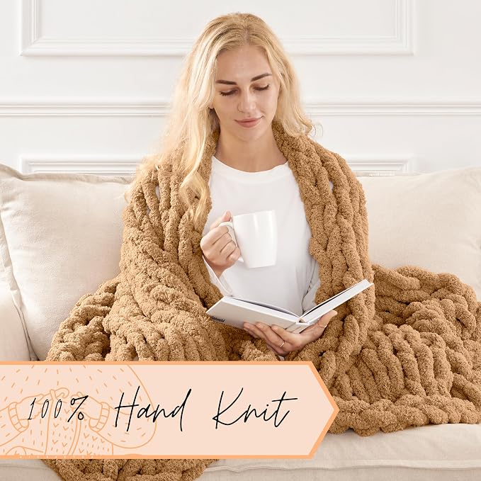 Adyrescia Chunky Knit Blanket Throw | 100% Hand Knit with Jumbo Chenille Yarn (50"x60", Caramel Brown)