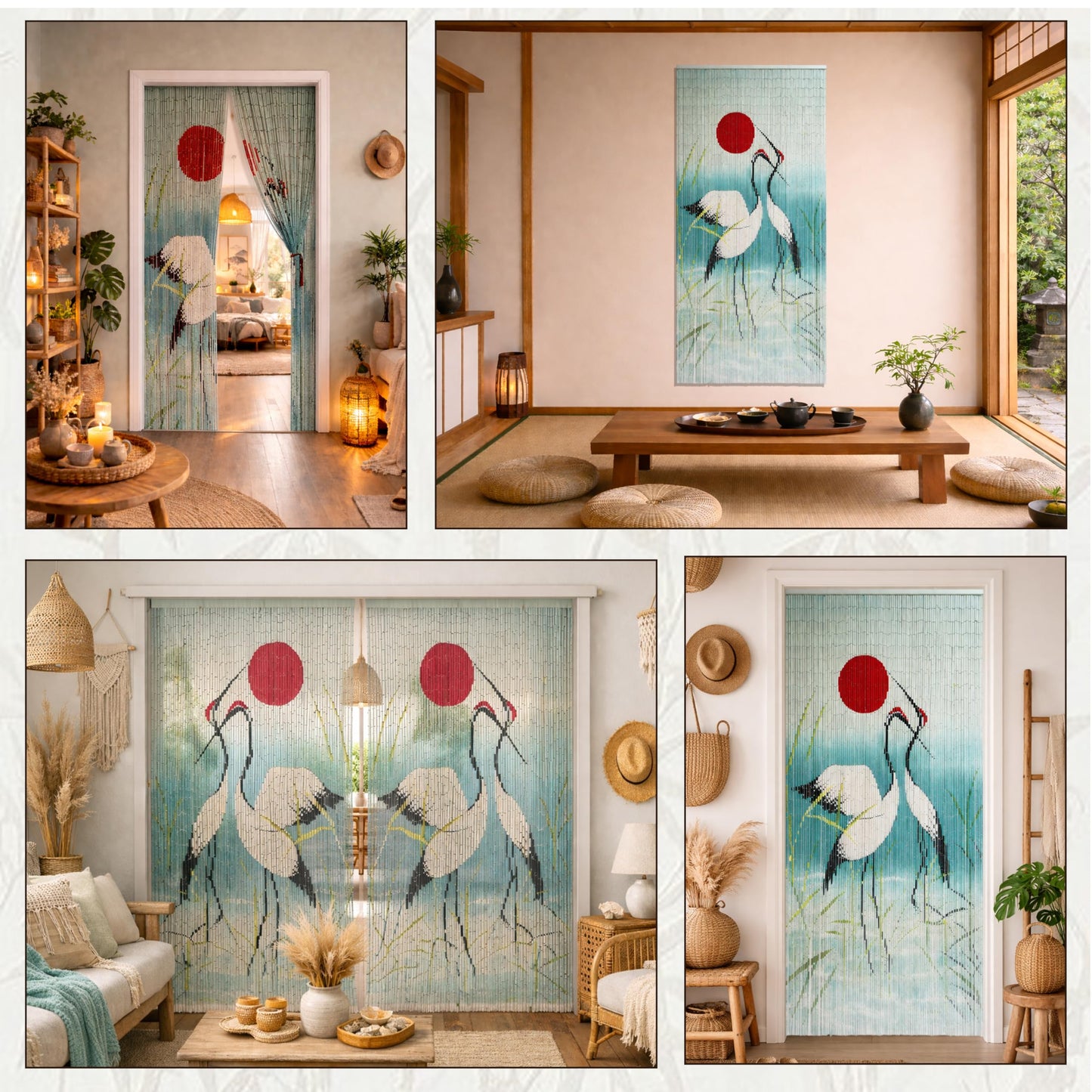 Vietbud Décor Cranes with Red Sun Beaded Curtains for Doorways, Decorative Room Divider, Natural Vietnamese Craft, Indoor Hanging Bamboo Blinds, Sturdy Hook, Easy to Clean, 35.43 x 78.74 Inches