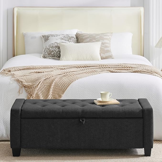 Huatean Home 43" Ottoman with Storage, Storage Ottoman Bench with Safety Hinge, Upholstered Entryway Bench with Seating for Bedroom, Living Room, Holds up to 330 lb, Dark Gray