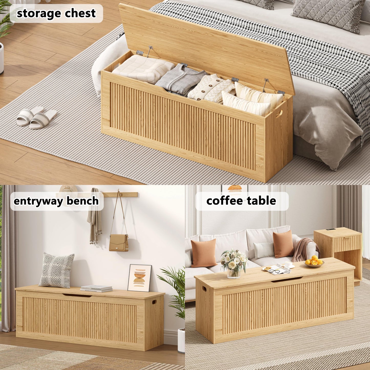 Akxomel Extra Large Fluted Storage Chest, 51.2" Storage Bench with 2 Safety Hinges, Shoe Bench, Wooden Box Bench, Long Storage Trunk with Lift Top, for Bedroom, Living Room, Entryway, Natural Oak