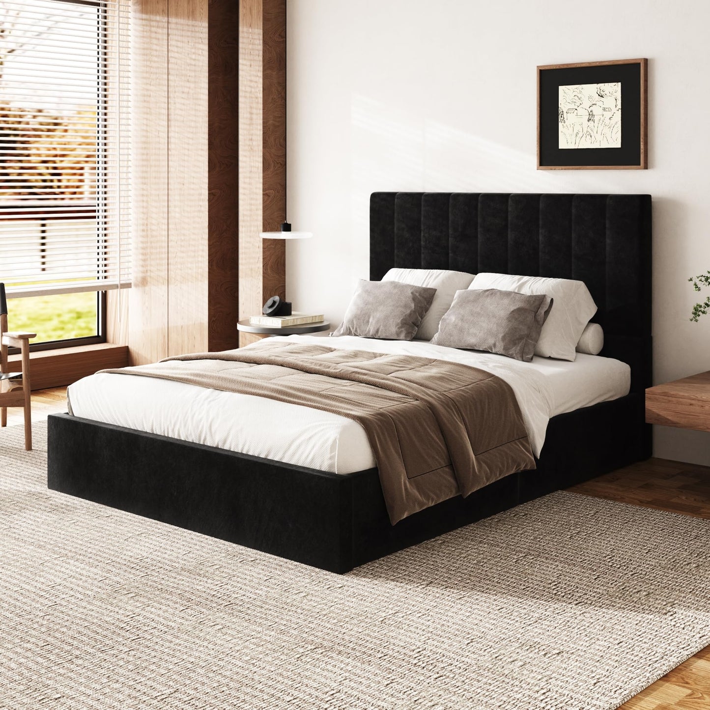 Sismplly Queen Size Cloud Bed Frame with 47" Tall Headboard, Velvet Upholstered Platform Bed with Thickened Sides & Footboard, Modern Floor-Standing Design, No Box Spring Needed, Easy Assembly, Black
