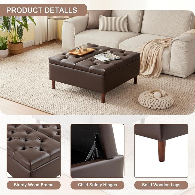 Weture 35 Inch Extra Large Storage Ottoman Coffee Table, No Assembly Required, Oversized Square Ottoman with Storage, Tufted Upholstered Ottomans Coffee Table for Living Room (Leather, Brown)