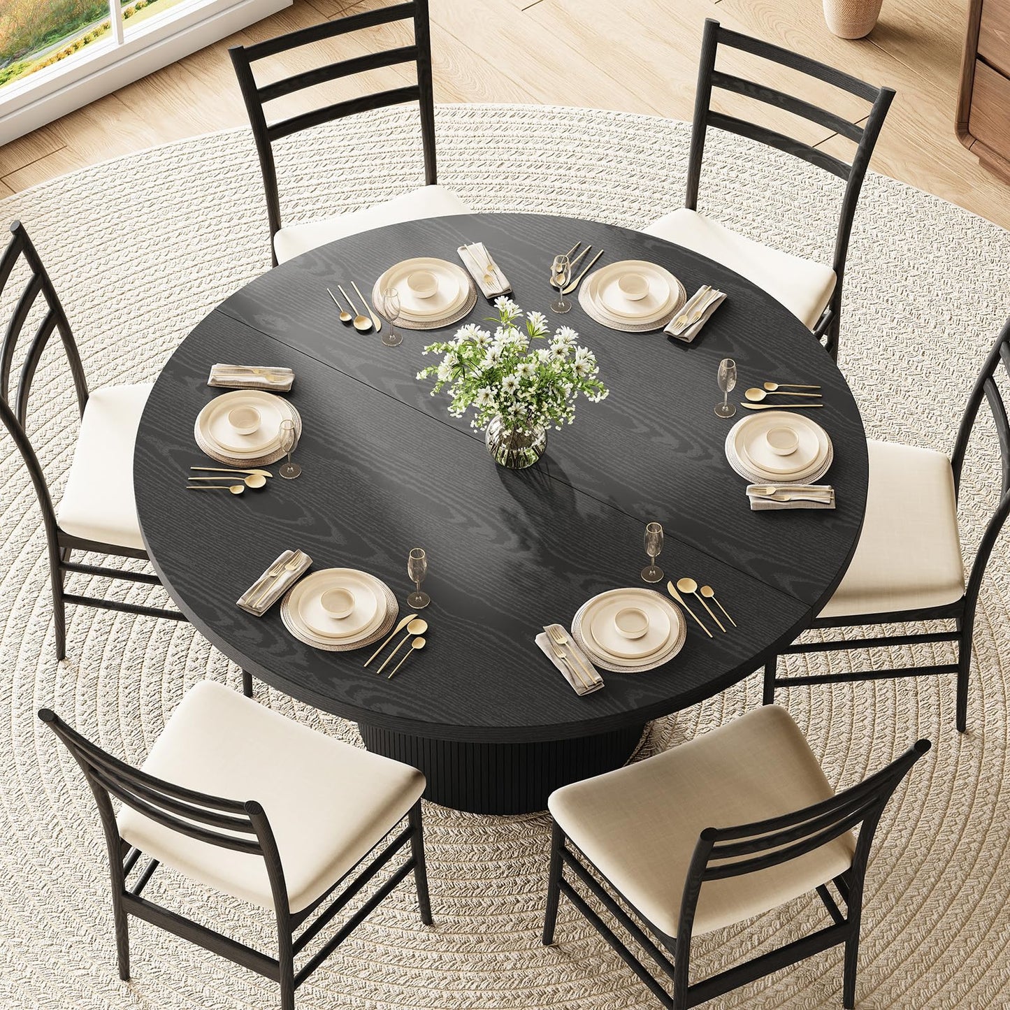 Round Kitchen Dining Table for 4-6 People, 47 inch Mid-Century Circle Dinner Tables, Rustic Wood Base in Fluted Design, Space Saving Dining Room Furniture, Large Table Only for Family Party, Black
