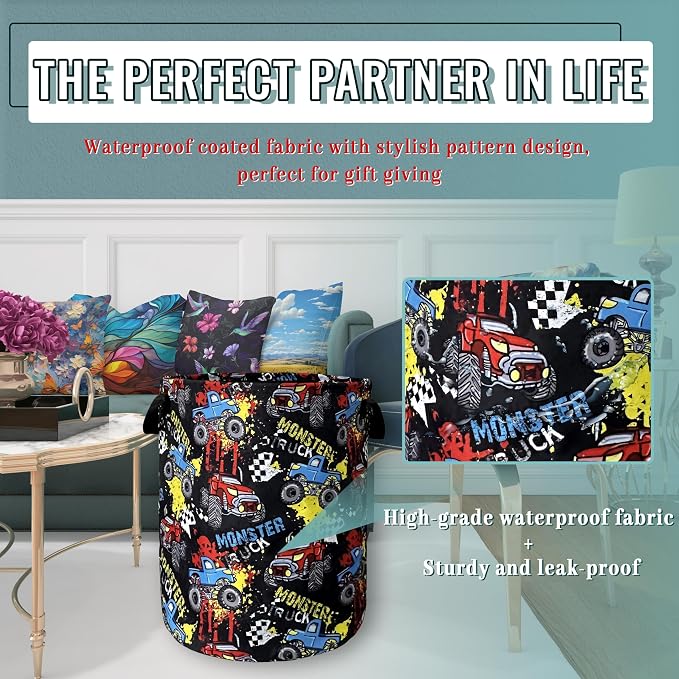 Funny Cars Printed Laundry Basket Foldable With Handles Tote Bag Oxford Cloth Colorful Laundry Hamper Clothes Storage Bucket Toy Organizer 18.9"x16.5"For Bathroom/Laundry/Bedroom