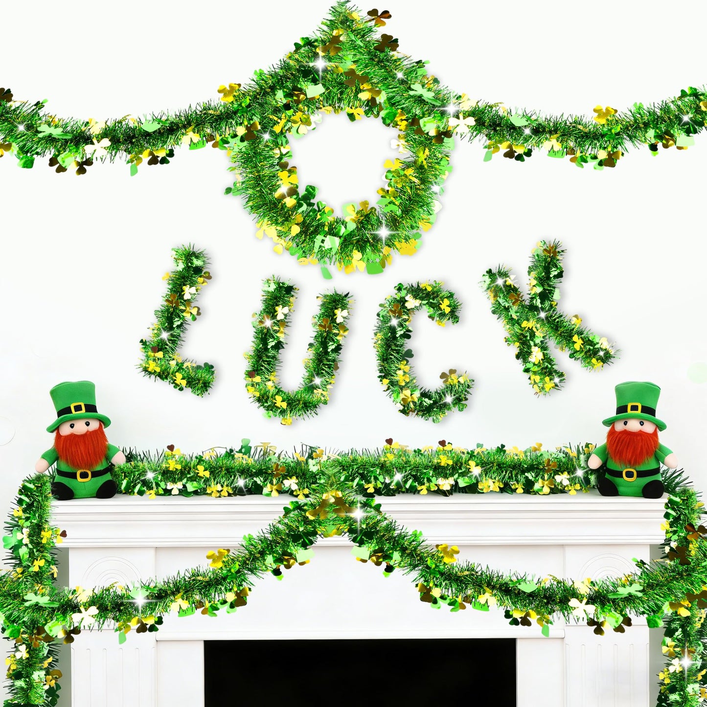 33FT St Patricks Day Decorations Gold Green Shamrock Hat Tinsel Garland, Shiny Metallic Hanging Shamrock Garland Streamer Saint Patricks Day Decor for St Patrick's Day Home Indoor Outdoor Irish Party