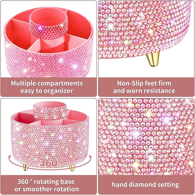 fanado Bling 360° Rotate Makeup Brush Holder Organizer, Makeup Organizers Countertop, Makeup organization and Skincare Storage for Vanity, Gift for Women Girls (Bling dz-Pink)