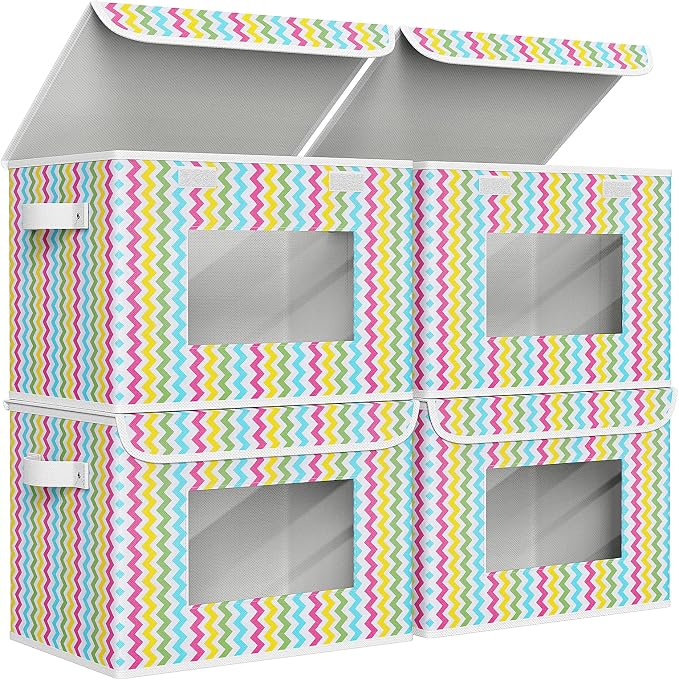 Univivi Fabric Foldable Storage Boxes [4-Pack] Large Collapsible Stackable Storage Bins with Lids, Closet Organizers and Storage Cube Basket for Home, Office, Bedroom (Colorful, 17”x 12” x 12”)