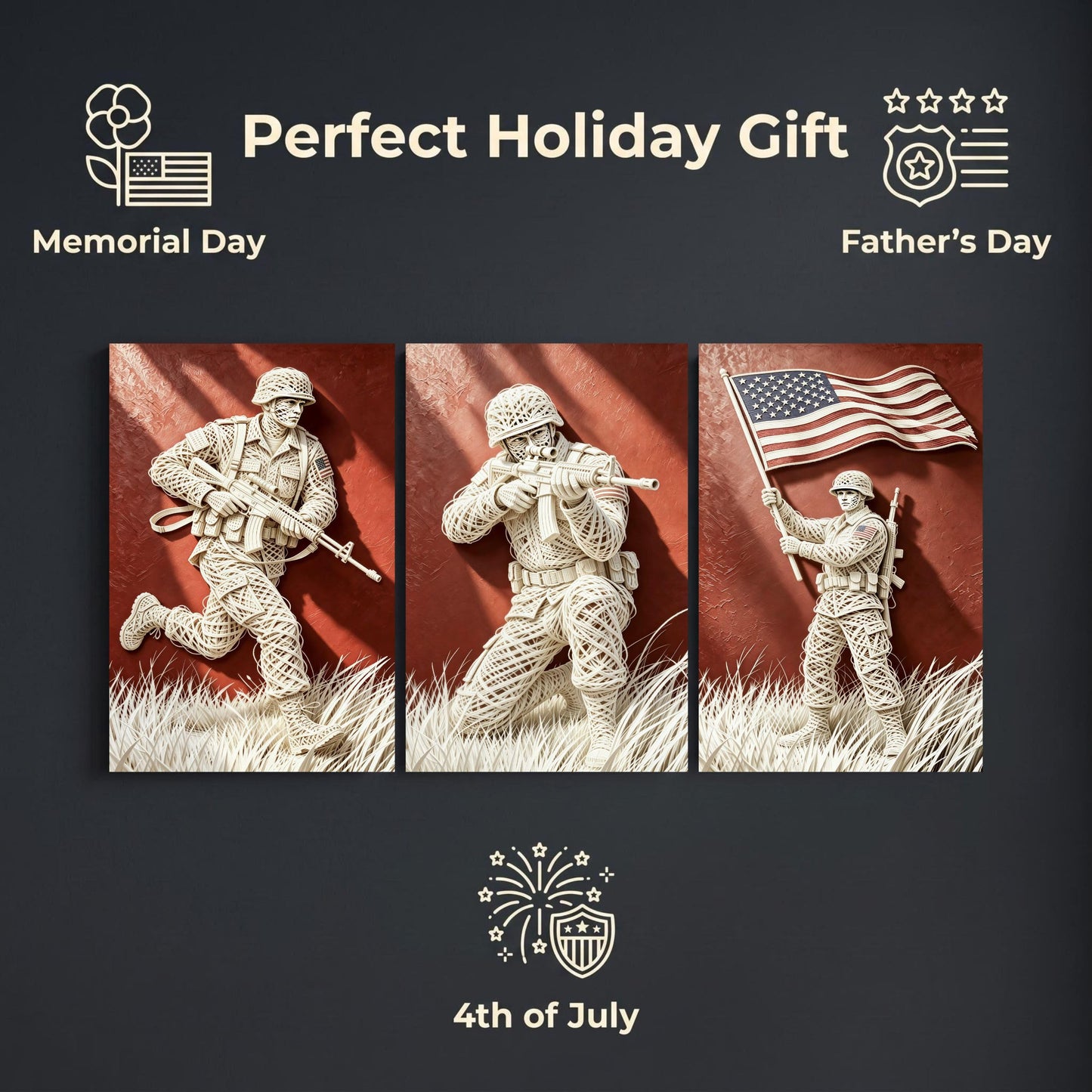 DIIMOST 3 Piece Faux Wire Art US Soldier Canvas Triptych, Patriotic Military Decor Set for Large Wall, Living Room, Office & Veteran Gift，(16×24inch*3)