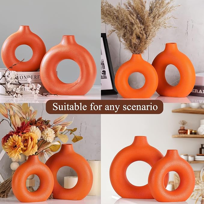 Orange Ceramic Donut Vase Set of 2, Hollow Round Matte Pampas Flower Vases for Boho Home Wedding Party Room Dinner Table Shelf Decor.（Orange）
