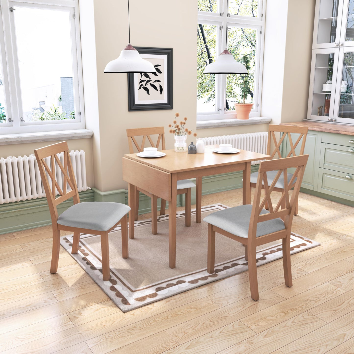 Merax Farmhouse Wooden Dining Set of 5, 29"- 45" Extendable Dining Table with Drop Leaf, 4 Upholstered Chairs for Small Space, Easy Assemble Natural