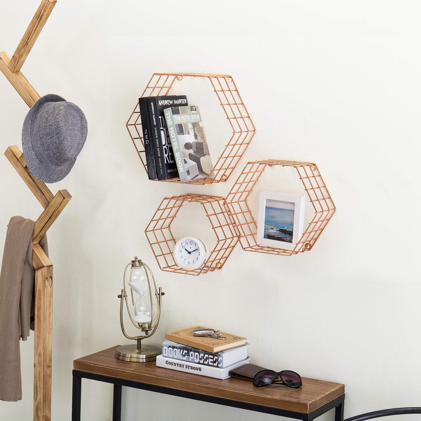 MyGift Copper Floating Hexagon Shelves, Hexagonal Copper-Tone Wire Wall-Mounted Hanging Shelf, Set of 3