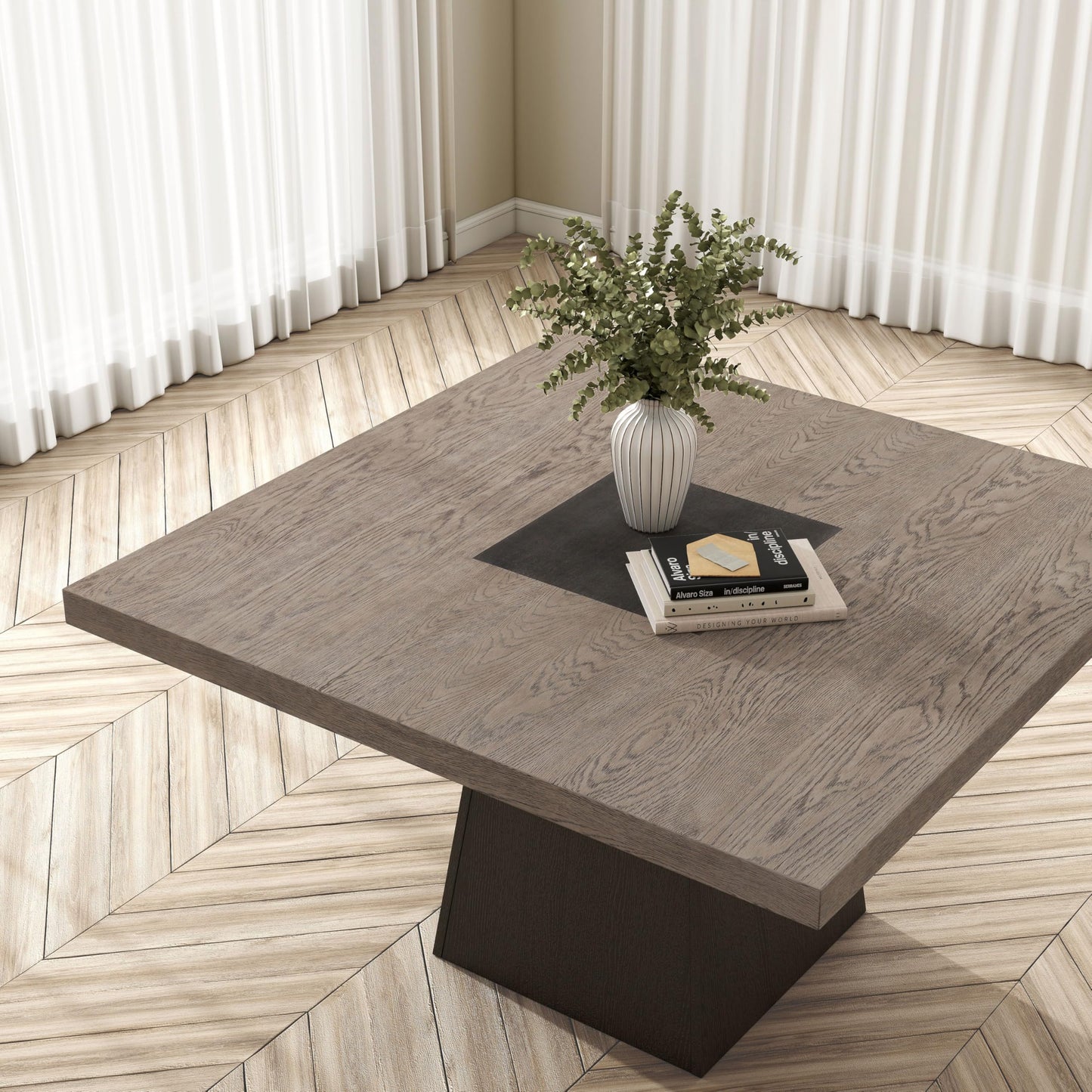 Furniture of America Demi Modern Solid Wood 54-inch Square Dining Table with Cone-Shaped Pedestal Base, Two-Tone Design, Seats up to 4, for Home Kitchen, Living Room, Dinettes, Rustic Oak/Dark Walnut