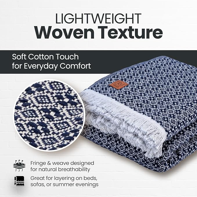 Gold Case Throw Blanket for Bed - 100% Recycled Turkish Cotton Blanket - Retro Lightweight Soft Throw Blankets for Bed & Living Room - Queen Size Cozy Blankets - 90x90 - Navy Blue