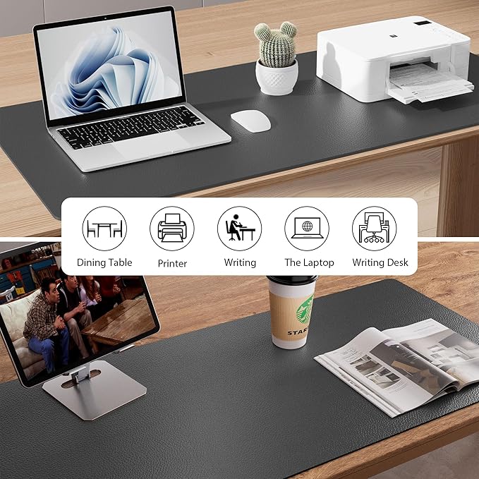 Aothia Faux Leather Desk Mat - Non-Slip PU Leather Desk Blotter, Waterproof Writing Surface, Large Desk Pad for Office & Home (Grey, 55" x 17")