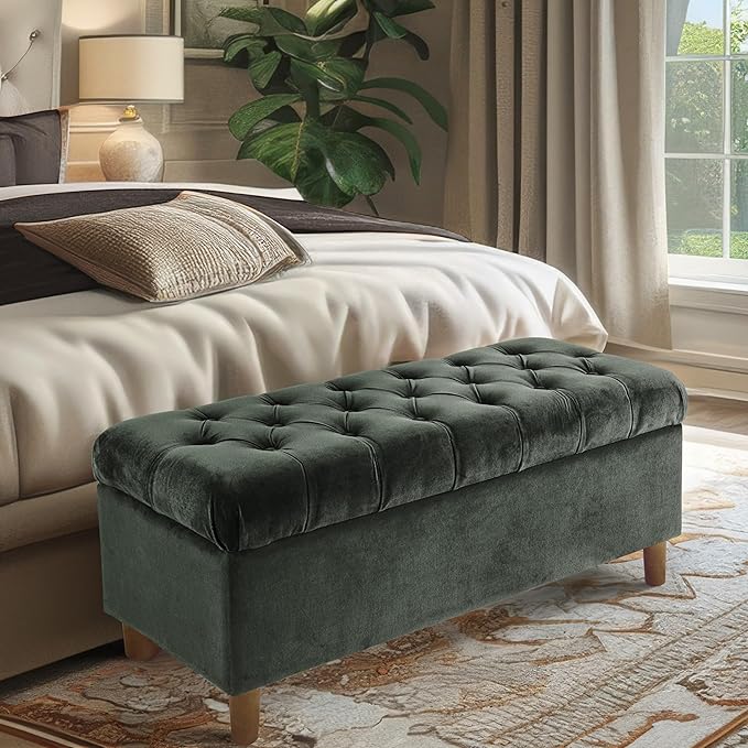 Homepop Home Decor | Tufted Ainsley Button Storage Ottoman Bench with Hinged Lid | Ottoman Bench with Storage for Living Room & Bedroom,Loden Green Velvet