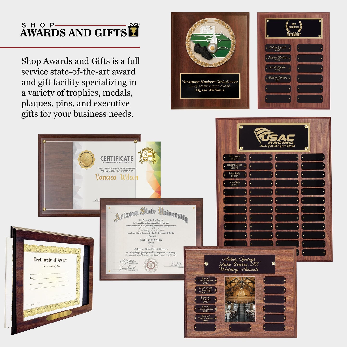 SHOP AWARDS AND GIFTS 16 x 20 Inch Perpetual Plaque Award Multiple Name Plate Board for Employee Appreciation, Recognition, Achievement, Walnut Finish with Black and Gold Header, 48 Name Plates