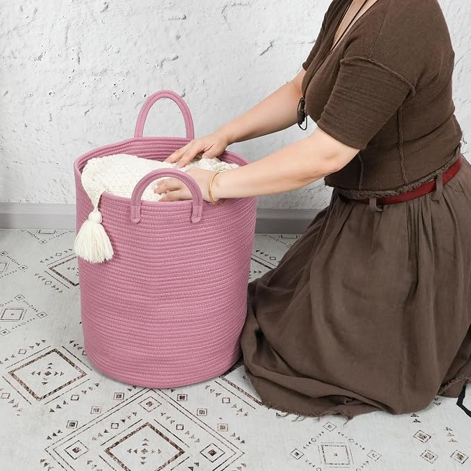 XUANGUO Cotton Rope Laundry Basket Hamper for Clothes Woven Storage Basket for Living Room Bedroom Boho Tall Rope Baskets for Blanket Toys Pillow Towels Baby Nursery Hamper Bin grape purple