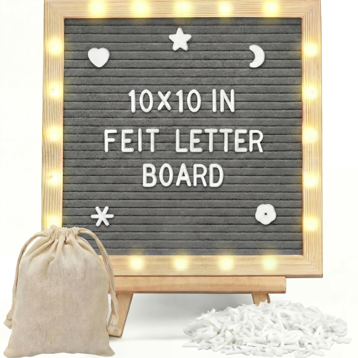 wearage 10x 10 Inch Changeable Felt Letter Board with LED Lights, Message Custom Felt Letter Board with Wooden Stand and 340 Letters for Pregnancy Announcement Classroom Decor Poster (Grey）