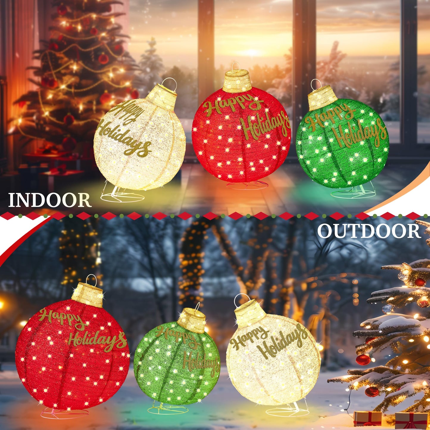 3Pcs 3FT Lighted Christmas Ornament Set Expandable Outdoor, Indoor Holiday Decor with 290 LED Lights, Easy Assembly & Weatherproof, Red & Green & Gold Light-Up Ball for Yard, Garden, Storefront.