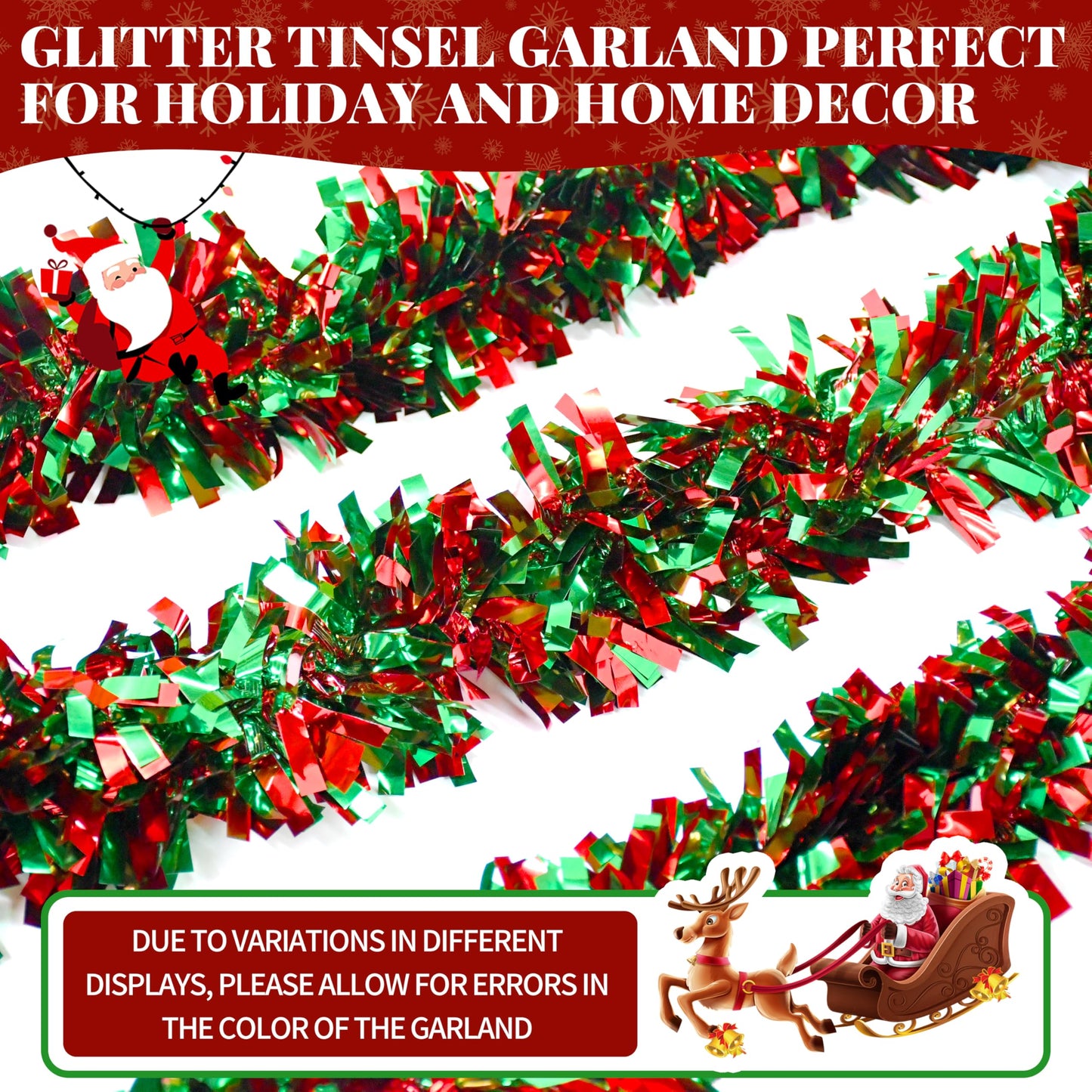 66 Ft Christmas Tinsel Garland Thick Tinsel Garland Xmas Tree Decorations Metallic Tinsel Twist Garland for Christmas, Birthday, Party Decor Indoor Outdoor Party Supplies (Green-Red)