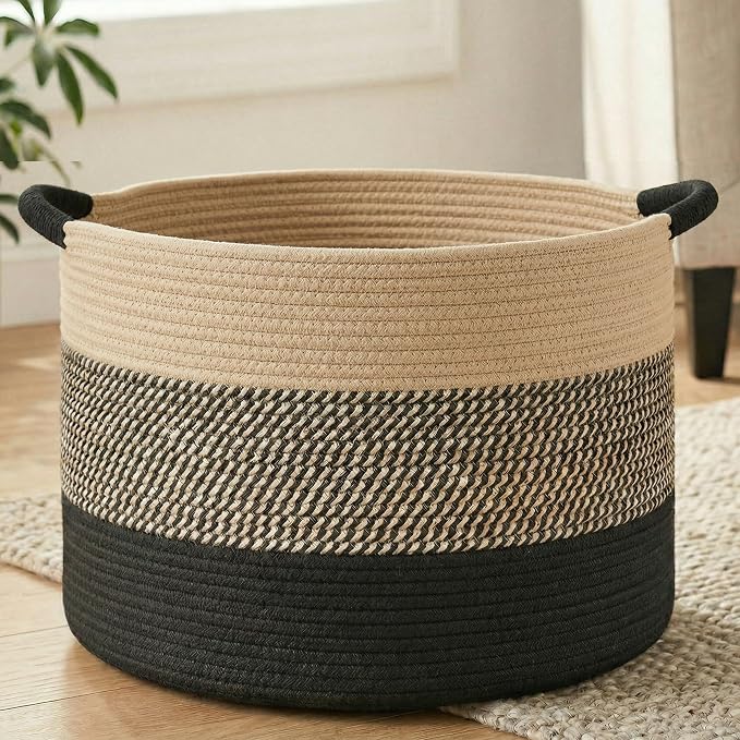 Artfeel 40L Large Cotton Rope Basket, Decorative Woven Blanket Storage for Living Room, Boho Toy Storage & Toy Box for Kids, Versatile Laundry Basket & Nursery Hamper for Blankets(BlackBrown)