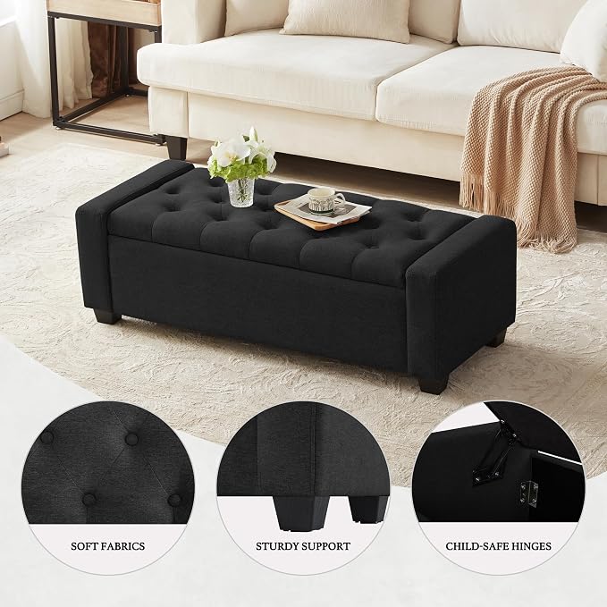Huatean Home 48" Ottoman with Storage, Black Storage Ottoman Bench with Safety Hinge, Upholstered Entryway Bench with Seating for Bedroom, Living Room, Holds up to 330 lb