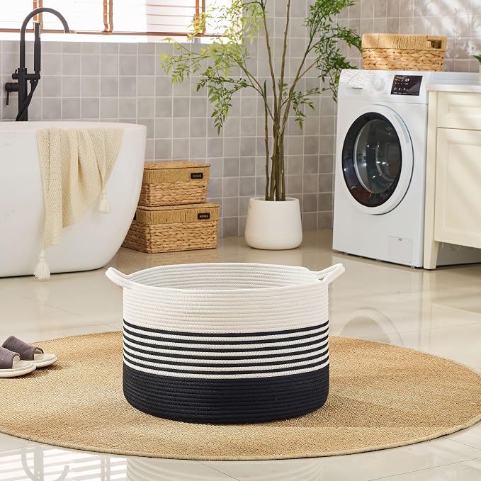 KAKAMAY Cotton Rope Storage Basket (20"x13"),Woven Hamper for Blankets,Toys,Pillows,Clothes,Laundry,Sturdy Handles Decorative Basket for Living Room, Bedroom,Nursery(Black/Black Fringe)
