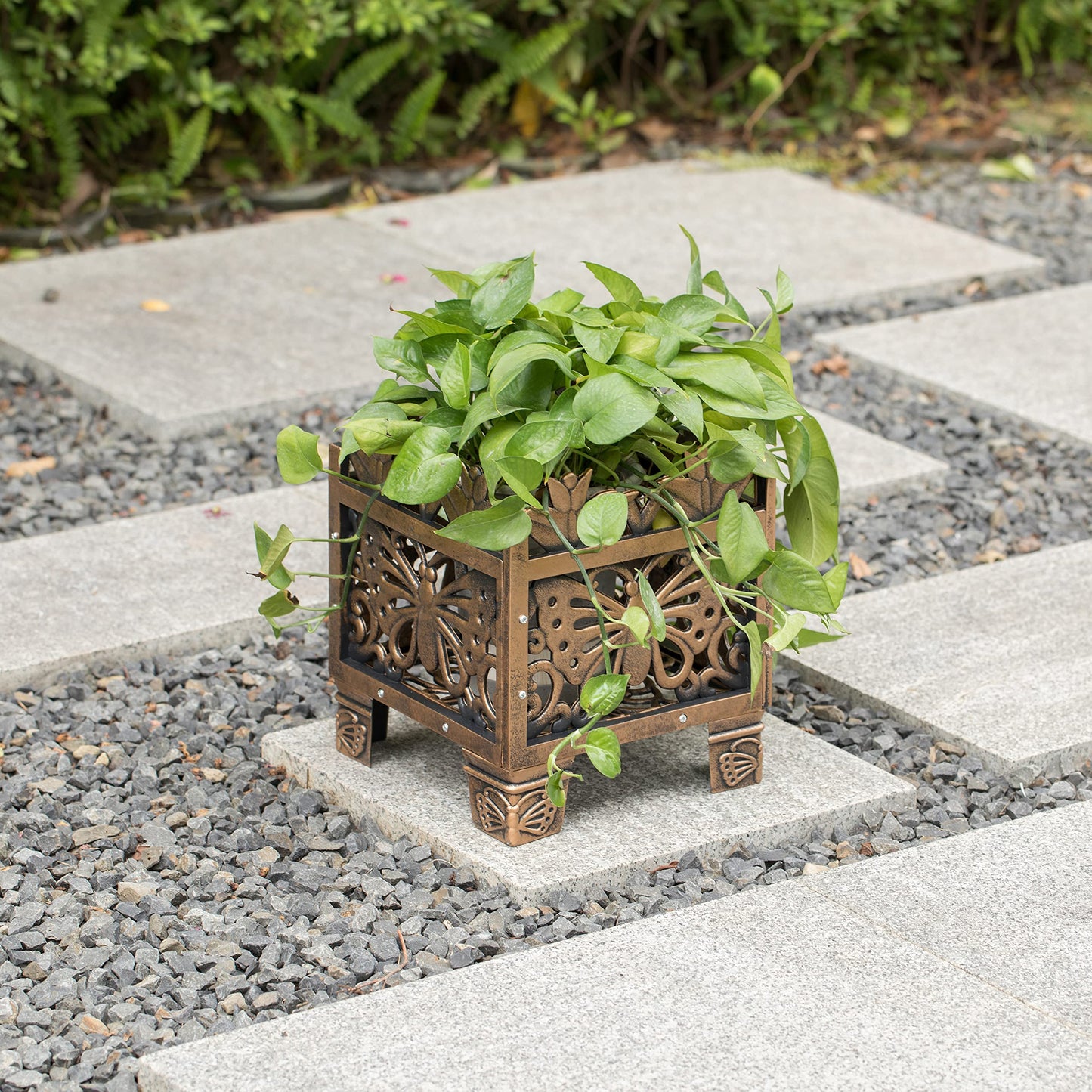 Set of 2 Outdoor Living Butterfly Square Plant Stands, Decorative Flower Planting Pots, Antique Bronze Finish, Garden Patio Decor