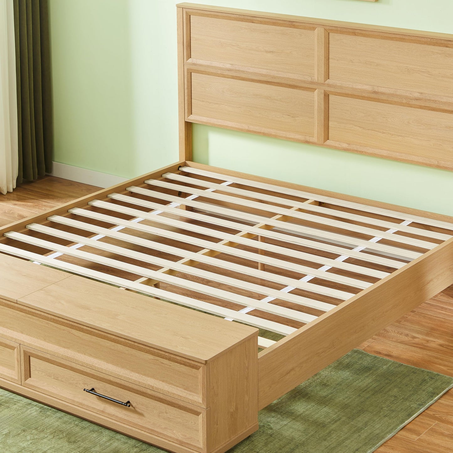 KEIKI King Bed Frame with Headboard & Storage Bench, Boho Solid Wood Platform Panel Bed with 4 Drawers, Natural Oak Bedroom Furniture Bed, Noise Free