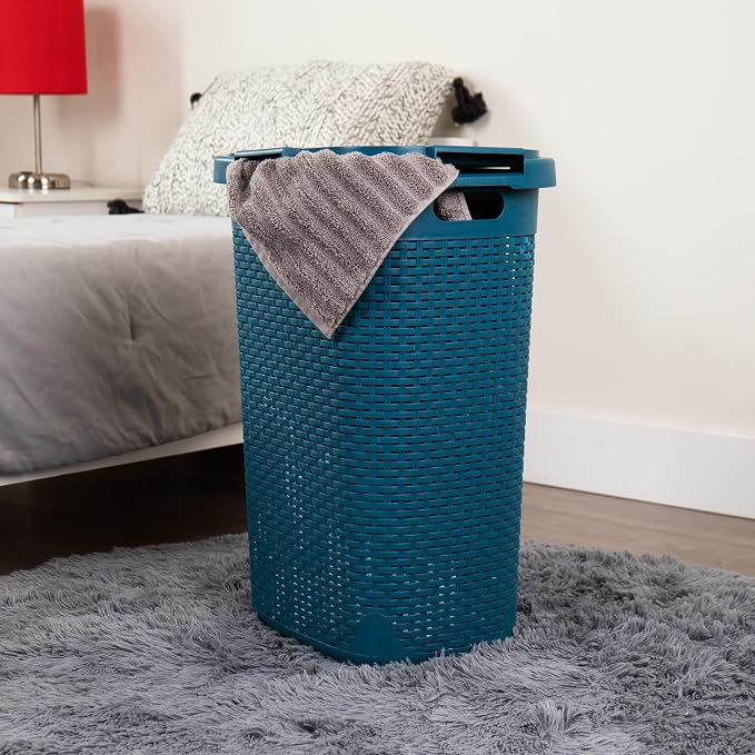 Mind Reader Slim Laundry Hamper with Lid, 60L Tall Clothes Basket, Narrow Tapered Design for Bathrooms, Closets and Laundry Rooms, Plastic, Blue