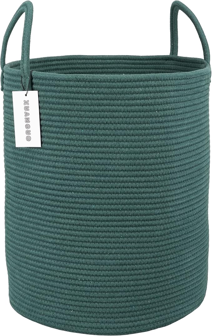 XUANGUO Cotton Rope Laundry Basket Hamper for Clothes Woven Storage Basket for Living Room Bedroom Boho Tall Rope Baskets for Blanket Toys Pillow Towels Baby Nursery Hamper Bin Large dark green
