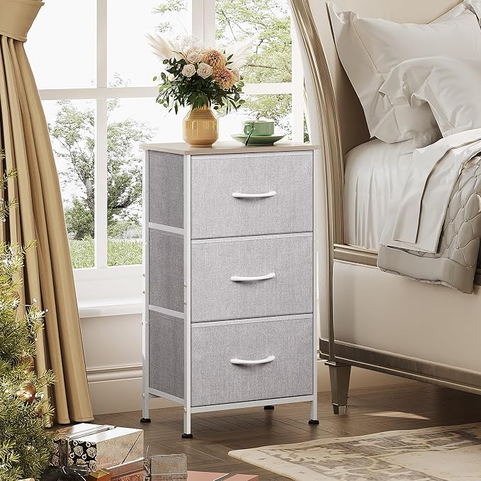 WLIVE Nightstand with 3 Drawers, Fabric Dresser, Organizer Unit, Storage Dresser for Bedroom, Hallway, Entryway, Closets, Sturdy Steel Frame, Wood Top, Easy Pull Handle, Light Grey