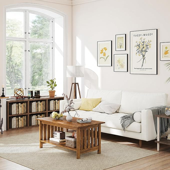 YOSHOOT 39.4" Farmhouse Coffee Table, Small Coffee Tables for Living Room | Rerto Wood, 2 Tier Coffee Table with Storage, Tea Table for Living Room Bedroom Small Space