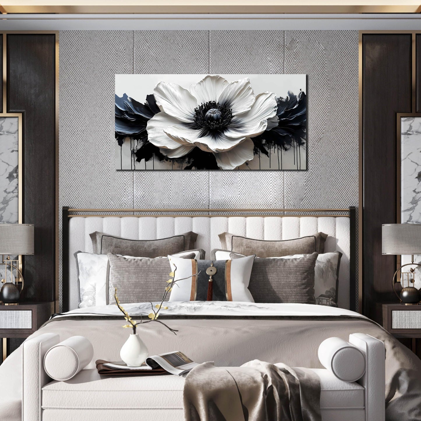 HUBOSKN Flower Canvas Wall Art for Living Room - Black and White Wall Art for Bedroom - Modern Wall Decor for Bedroom Women Size 20" x 40"