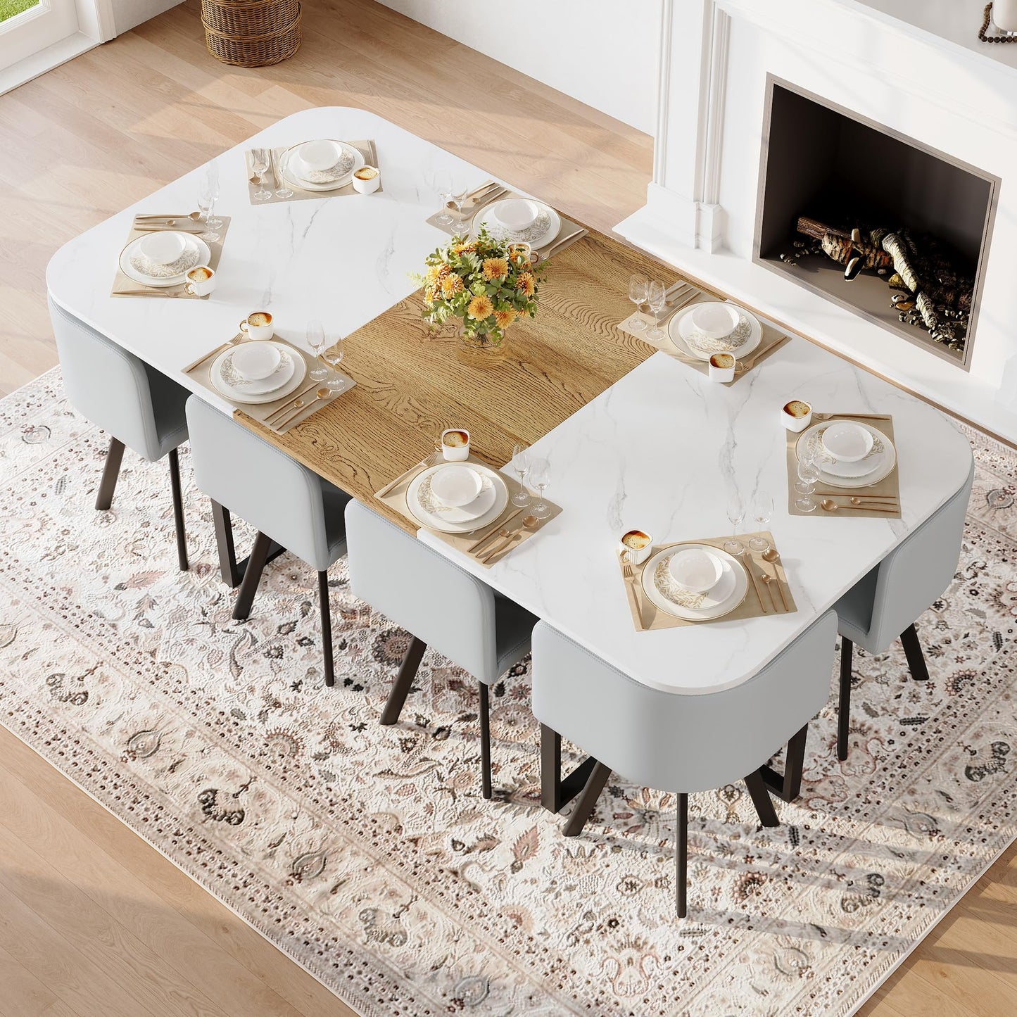 KEIKI 79" Dining Table Set for 8, Rectangular Kitchen Table Set with White Faux Marble & Wood Grain Top, Modern Dining Room Set with 8 Gray PU Leather Chairs, Large Family Dining Table Furniture