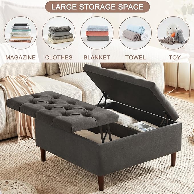 Weture 35 Inch Extra Large Storage Ottoman Coffee Table, No Assembly Required, Oversized Square Ottoman with Storage, Tufted Upholstered Ottomans Coffee Table for Living Room (Fabric, Dark Grey)
