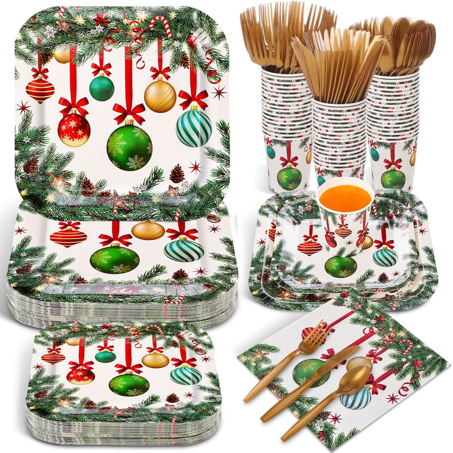 Ziliny 350 Pcs Christmas Party Supplies Christmas Tree Hanging Ball Party Tableware Set Square Paper Plates Disposable Napkins Cups Plastic Cutlery for Xmas Holiday Serves 50 Guests(Xmas Ball)