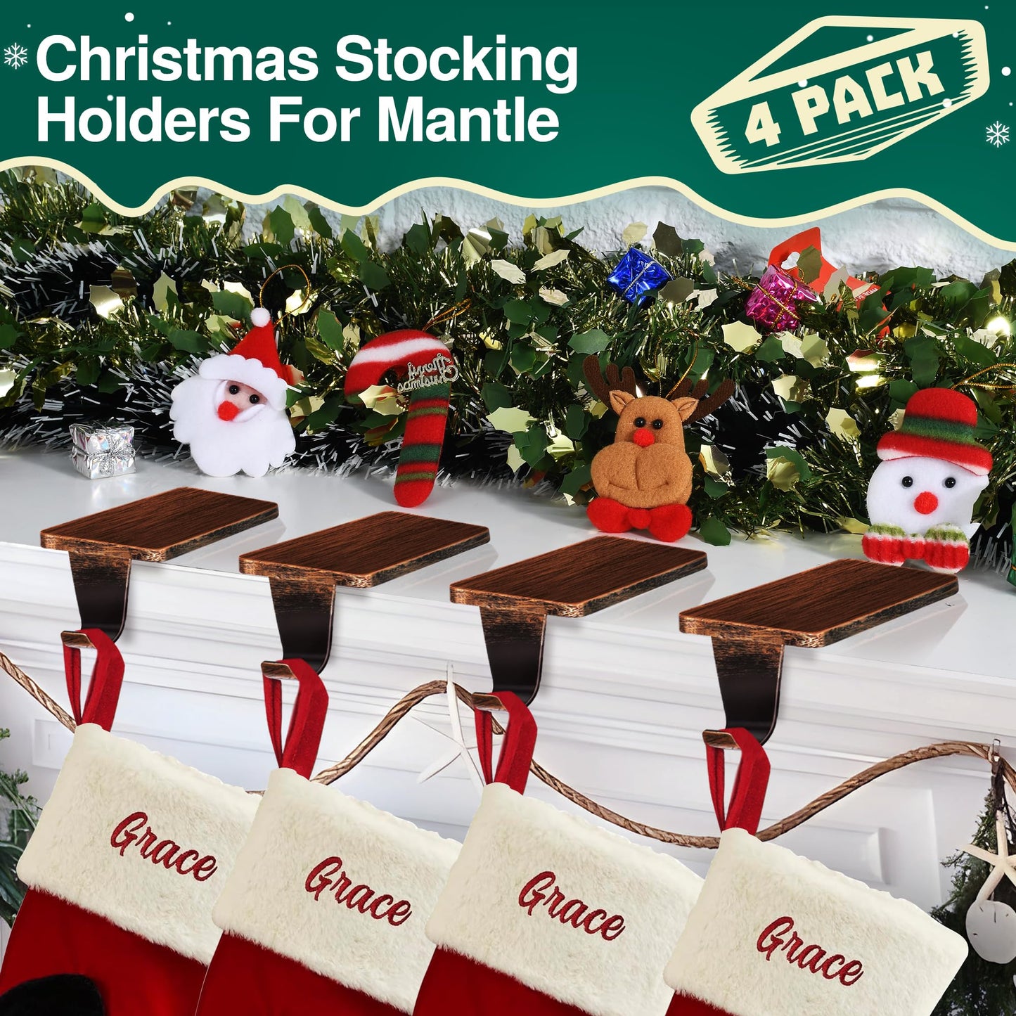 Loncaster Christmas Stocking Holders for Mantle, Set of 8 Heavy Duty Stocking Holder for Mantle, Xmas Weighted Hangers for Party Decor, Space-Saving Decoration for Fireplace Toppers (Bronze, 8 Pack)