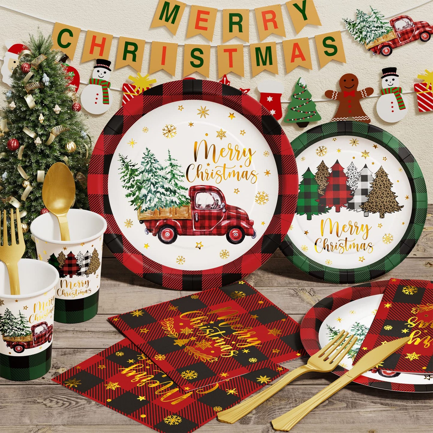 Christmas Party Decorations Supplies - 175 PCS Christmas Xmas Disposable Dinnerware Set(25 Guest) with Buffalo Plaid Truck Tree Paper Plates Napkin Cup Plastic Fork Knives Spoon for Holiday Decor